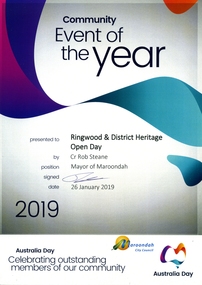 Certificate, Maroondah City Council Award to Ringwood Historical Society 26 January 2019 - Community Event of the Year - 60th Birthday Open Day