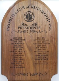 Plaque, Waverley Trophies, Ringwood Probus Club Presidents 2004 - 2019, 2004-2018