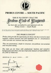 Certificate, Ringwood Probus Club accreditation certificate 1985, 31st December 1985