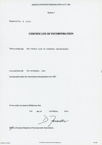 Document, F.D. Atkinson Government Printer Melbourne, Ringwood Probus Club Certificate of Incorporation, 1986, 5th November 1986