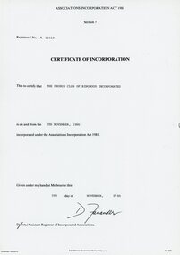 Document, F.D. Atkinson Government Printer Melbourne, Ringwood Probus Club Certificate of Incorporation, 1986, 5th November 1986