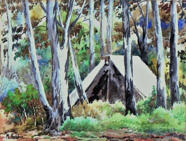Painting, Margaret Robbie, "Temporary Accommodation, Heatherdale" - Water colour on paper by Margaret Robbie, circa 1950s