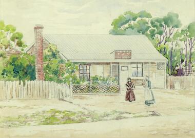 Painting, Winifred Miles, "First Post Office 1883" (Ringwood) - Water colour on paper by Winifred Miles (1884-1944), Undated, later than 1910