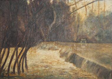 Painting, "Busch's Weir" - Oil on canvas by Hermann Otto ("Hof") Busch (1880-1960), 1953