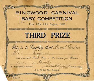 Work on paper - Certificate, Ringwood Carnival Baby Competition - Third Prize - David Gordon Allen. 1926