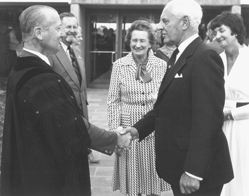 Photograph, Official opening of the Karralyka Centre, Mines Road, Ringwood on 19/4/1980 - Victorian Governor Sir Henry Winneke with Town Clerk, 19-Apr-80