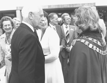 Photograph, Official opening of the Karralyka Centre, Mines Road, Ringwood on 19/4/1980 - Victorian Governor Sir Henry Winneke with Mayor, 19-Apr-80