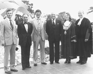 Photograph, Official opening of the Karralyka Centre, Mines Road, Ringwood on 19/4/1980 - Victorian Governor Sir Henry Winneke with Mayor, Councillors etc, 19-Apr-80