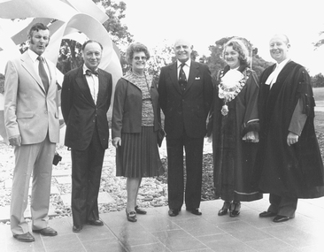 Photograph, Official opening of the Karralyka Centre, Mines Road, Ringwood on 19/4/1980 - Victorian Governor Sir Henry Winneke with Mayor, Councillors etc, 19-Apr-80