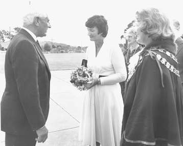 Photograph, Official opening of the Karralyka Centre, Mines Road, Ringwood on 19/4/1980 - Victorian Governor Sir Henry Winneke and Lady Winneke with Mayor, 19-Apr-80