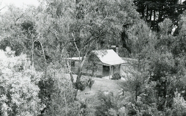 Photograph, Miner’s Cottage being rebuilt at Ringwood Lake 8th November 1992, taken from mine derrick