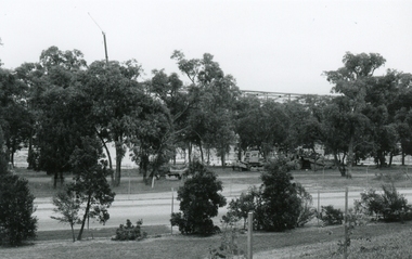 Photograph, Cadbury’s new bulk store. From Alan Robertson Reserve and across Cadbury’s private road from New Street, 2 February 1992