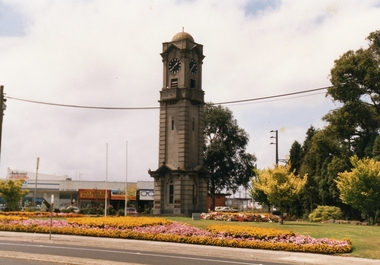 Photograph, Ringwood Clock Tower, Maroondah Highway. Taken for cover of Ringwood history book on 21 February 1987