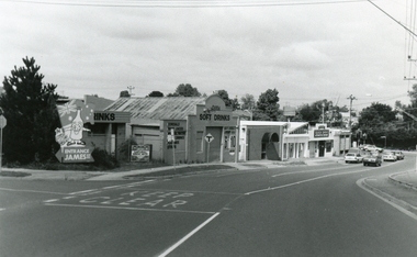 Photograph, Station Street, Ringwood shops on 26 January 1992. Showing Loy's Soft Drinks factory on the James Street corner