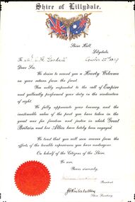 Document, Shire of Lillydale - Certificate presented to Mr J H Goodall on return from World War 1