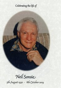 Brochure, Neil Sonsie Thanksgiving Service 29 October 2019 - Brochure, and Family Obituries of Neil and Judith Sonsie