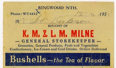 Document, Series of 20 invoices from K.M.Milne -General storekeeper - Ringwood Nth made out to Mr Ted Dickson . Dated 1952 to 1955