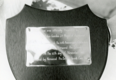 Photograph, Plaque officially presented by Cr Robin Gardini JP, Mayor of Ringwood, on the 30th anniversary of the opening of Norwood Pre-School on 12th November, 1958, 1988