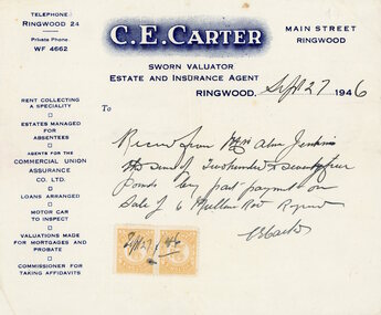 Document, Receipt issued by CE Carter, for deposit on 6 Mullum Road, Ringwood house, Mrs Alma Jenkins on 27 September 1946, 1946