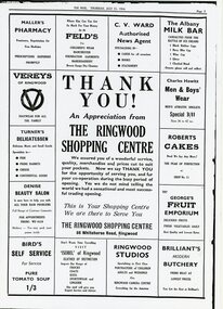 Newspaper cutting, Official opening of the Ringwood Shopping Centre by Sir John Allison - 6th July 1954