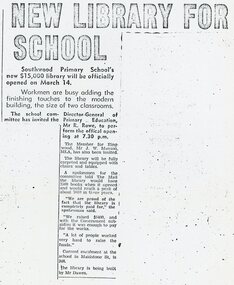 Newspaper Clipping, Announement of the opening of the new library at Southwood Primary School in 1972