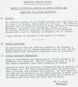 Document, Southwood Primary School Notice of Official Opening of School library and Elections for School Committee