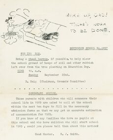 Document, Notice of upcoming Working Bee at Southwwod Primary School  - 1968