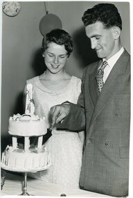 Photograph, Mr Ray Preston cutting 21st Birthday cake
