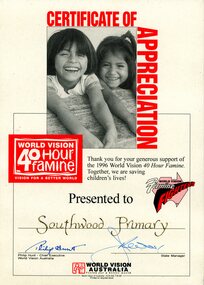 Plaque - Certificate of Appreciation, Southwood Primary School - World Vision 40 Hour Fammine 1996