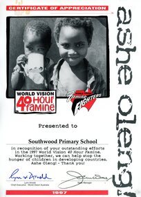 Certificate - Certificate of Appreciation, Southwood Primary School - World Vision 40 hour Famine, 1997