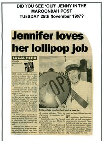 Newspaper - Newspaper Clipping - Maroondah Post, Tuesday 25th November, 1997, Southwood Primary School, Ringwood - Local Hero -"Jennifer loves her lollipop job"