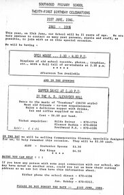 Document - Typed Document, Southwood Primary School, Ringwood - 21st Birthday Celebration Invitation 1986