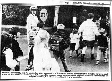 Newspaper - Newspaper Clipping, Southwood Primary School, Ringwood - "Retiring Lollipop Lady" 1988