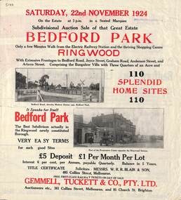 Pamphlet, Subdivisional Auction Sale, Bedford Park, Ringwood - 1924