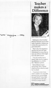 Newspaper - Clipping, Southwood Primary School - WHO magazine article about teacher, Belinda Tresseder