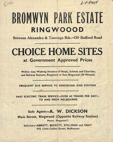 Flyer, Bromwyn Park Estate, Ringwood  - 1946 - Avertising Brochures and Map