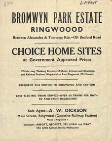 Flyer, Bromwyn Park Estate, Ringwood  - 1946 - Avertising Brochures and Map