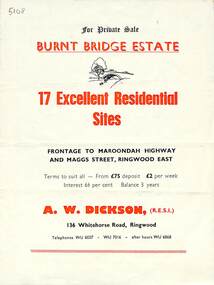 Flyer, Land Sale Brochure, Burnt Bridge Estate, Ringwood East/Croydon, Vic. - circa 1959