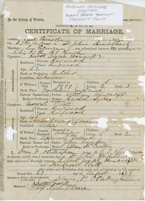 Document, Certificate of Marriage- Robert Joseph Howcroft/Margaret Pratt. August 1883
