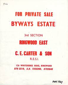 Flyer, Land Sale Brochure, Byways Estate Ringwood East - 3rd Section released 1967