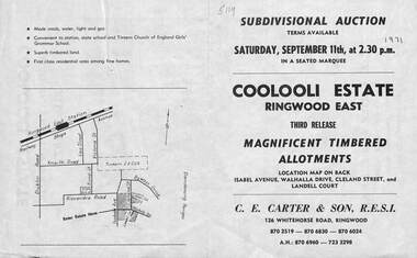 Flyer, Subdivisional Auction Sale Brochure, Coolooli Estate, Ringwood East, Vic. - Third Release c.1971