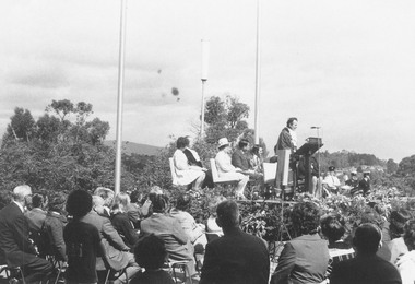 Photograph, Mayor S Morris speaking at "BackTo" Civic Centre 1974