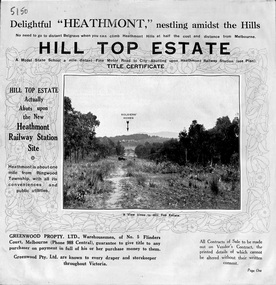 Pamphlet, Atlas Press Pty. Ltd., Melbourne, Land Sale Brochure, Hill Top Estate, Heathmont, Vic. - circa 1925