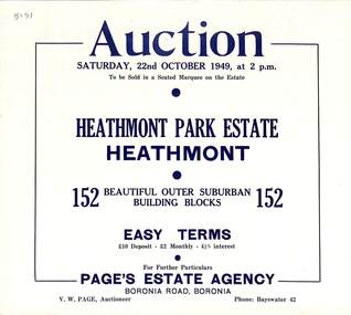Flyer, Land Auction Sale Brochure, Heathmont Park Estate, Heathmont, Vic. - 1949