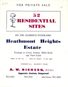 Flyer, Land Sale Brochure, Heathmont Heights Estate, Heathmont, Vic. - 1959