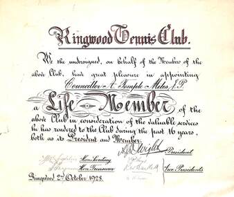 Certificate, Ringwood Tennis Club - Life Membership for Councillor A.Temple Miles J.P.- 2nd October 1928