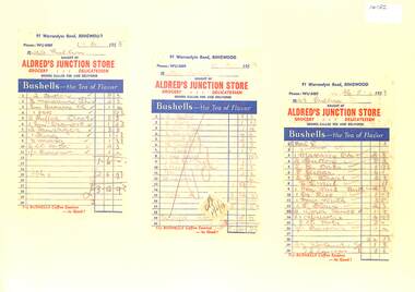 Document, Invoices from Alfred's Junction Store -91 Warrandyte Road Ringwood. 1953 to Mrs Pullen