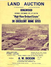 Flyer, Land Auction Sale Brochure, High View Orchard Estate, Ringwood, Vic. - 1971