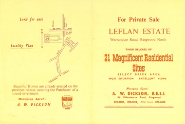 Flyer, Land Sale Brochure, Leflan Estate, North Ringwood, Vic. - 1967