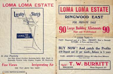 Flyer, Land Sale Brochure, Loma Loma Estate, Ringwood East, Vic. - circa 1924